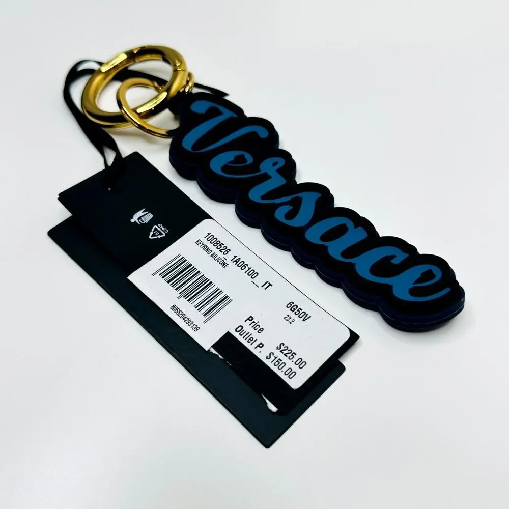 Versace Unisex Key Ring Gold Round Blue Silicone Charm Logo Key Chain NWT $225